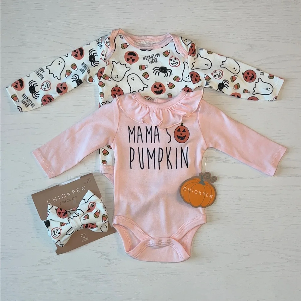 🎃 Chickpea Mama’s Pumpkin Set of 2 Bodysuits Hair Bow 6-9 months - Picture 1 of 5